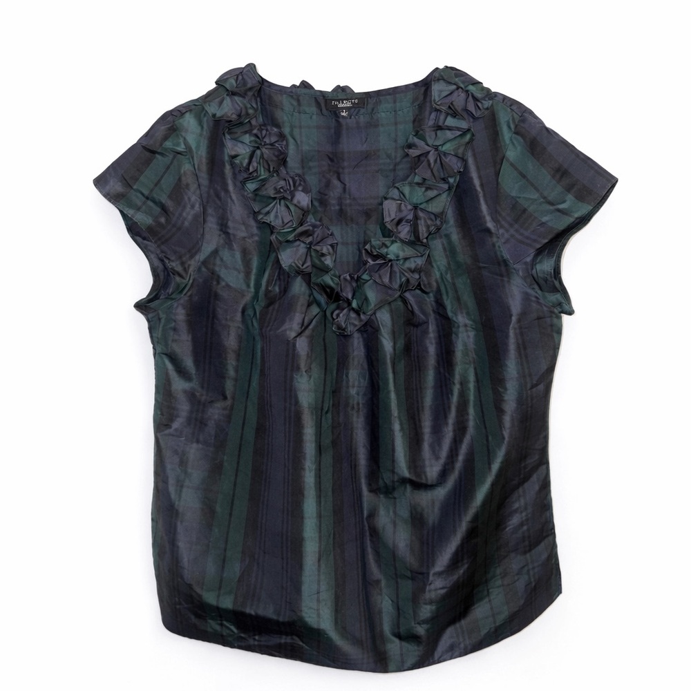 Talbots Blackwatch Plaid Silk Taffeta Blouse • Blue Green Tartan • Size 8
